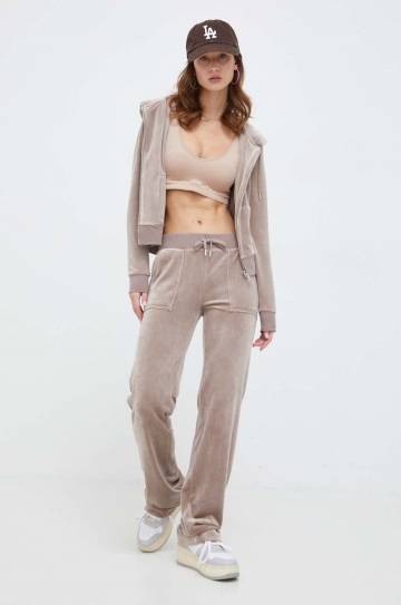 Кофта из велюра Juicy Couture цвет бежевый с капюшоном однотонная Кофта из велюра Juicy Couture цвет бежевый с капюшоном однотонная