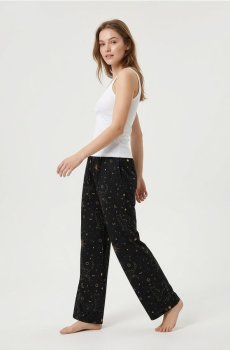 Піжамні штани з широкою штанинoю з мотивом котів і зірок - чорний