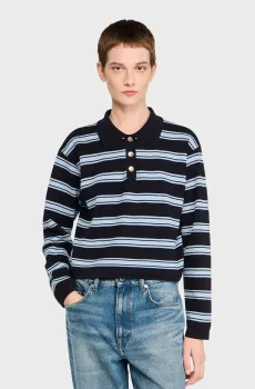 Женское темно-синее поло в полоску Синий XS Sandro SFPPU02633_Navy Blue