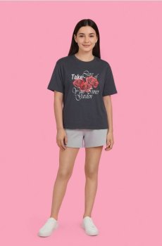 Бавовняна oversize футболка з принтом - антрацитовий