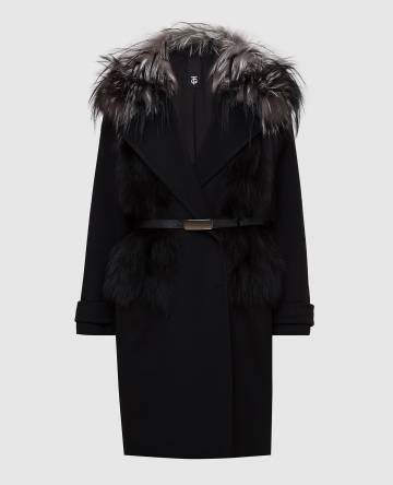 Черное пальто из шерсти и кашемира с мехом лисы
