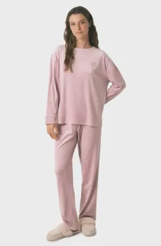 Женская пудровая велюровая пижама (лонгслив, брюки) Розовый M womensecret 3792072
