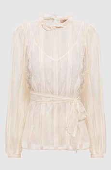 Бежевая блузка из кружева с логотипом