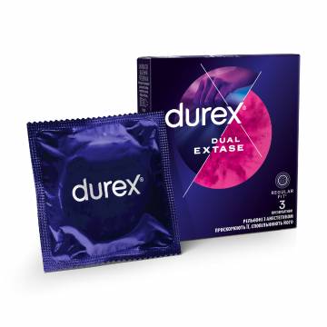 Презервативы латексные с силиконовой смазкой Durex Dual Extase рельефные с анестетиком, С шт Презервативы латексные с силиконовой смазкой Durex Dual Extase рельефные с анестетиком, С шт