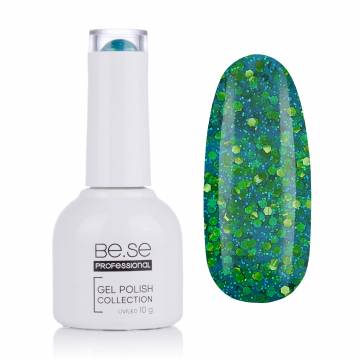 Гель-лак для ногтей Be.Se Professional Gel Polish Collection Glitter 46 Полупрозрачный зеленый, с золотыми шестигранниками, 10 г Гель-лак для ногтей Be.Se Professional Gel Polish Collection Glitter 46 Полупрозрачный зеленый, с золотыми шестигранниками, 10 г