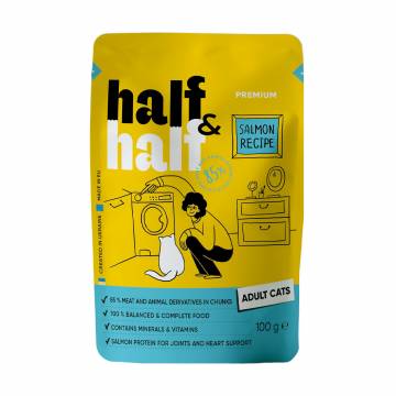 Влажный корм для взрослых кошек Half&Half кусочки с лососем в желе, 100 г