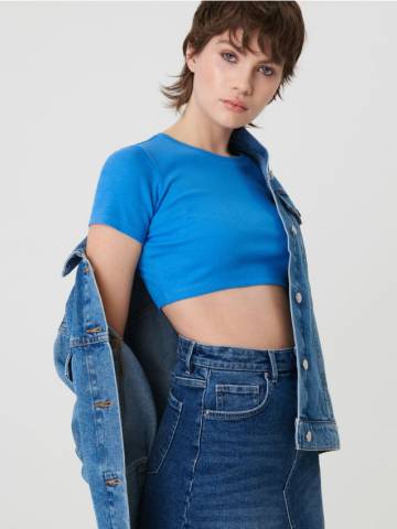 Кроп топ із трикотажу в рубчик - синій