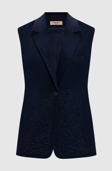 Синий жилет с леном с вышивкой ришелье