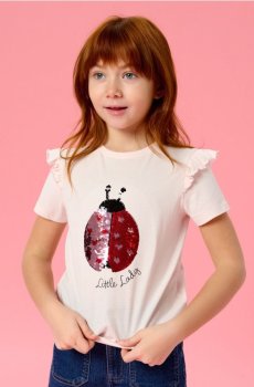 Бавовняна футболка з аплікацією з паєток - пастельний рожевий