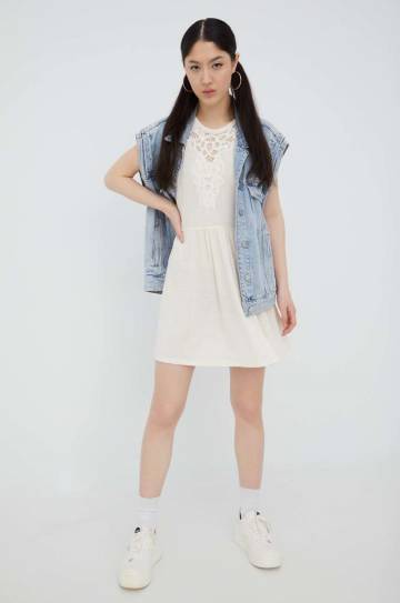 Платье с примесью шелка Superdry цвет бежевый mini расклешённая Платье с примесью шелка Superdry цвет бежевый mini расклешённая