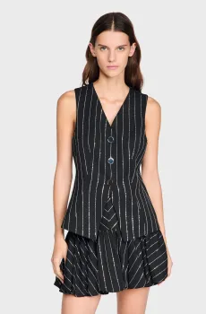 Женский черный жилет в полоску Черный 34 Sandro SFPVE01308_Black - White