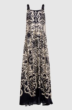 Бежевое платье макси из шелка в принт