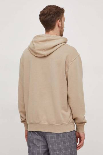 Хлопковая кофта Guess мужская цвет бежевый с капюшоном с аппликацией Хлопковая кофта Guess мужская цвет бежевый с капюшоном с аппликацией
