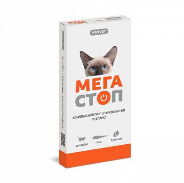 Капли для кошек ProVET Мега Стоп против внешних и внутренних паразитов, до 4 кг, 4*0.5 мл