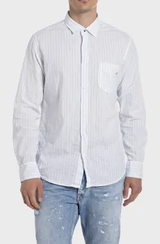 Мужская белая рубашка в полоску Белый M Replay M4106 .000.52672