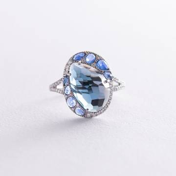 Золотое кольцо (топаз, сапфиры, бриллианты) R13382aj Золотое кольцо (топаз, сапфиры, бриллианты) R13382aj