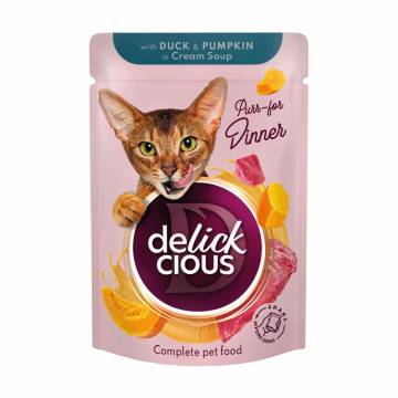 Влажный корм для взрослых кошек Delickcious Полоски с уткой и тыквой в крем супе, 85 г Влажный корм для взрослых кошек Delickcious Полоски с уткой и тыквой в крем супе, 85 г