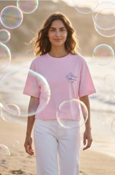 Футболка з літнім принтом "Hotel Malibu" - пастельний рожевий