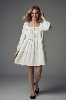 Розкльошена міні-сукня з квадратним вирізом і гудзиками спереду - кремовий