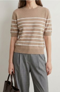 Светр із коротким рукавом у смужку - бежевий