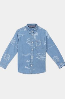 Tommy Hilfiger Boys Brand Logo Printed Spread Collar Regular Fit Shirt
