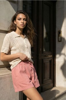 Джинсові шорти з високою талією з резинкою на талії - рожевий