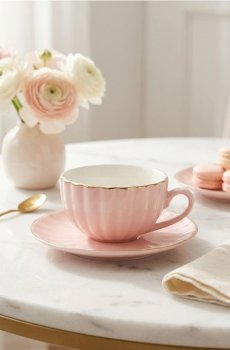 Керамічна чашка з блюдцем з декоративним золотим обідком - пастельний рожевий