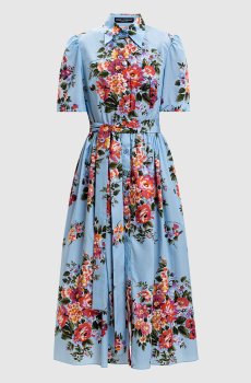 Голубое платье-рубашка миди в цветочный принт