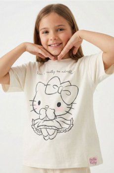 Бавовняна футболка з принтом Hello Kitty - кремовий