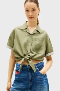 Женская оливковая льняная рубашка TIE FRONT Оливковый XS Tommy Jeans DW0DW22210