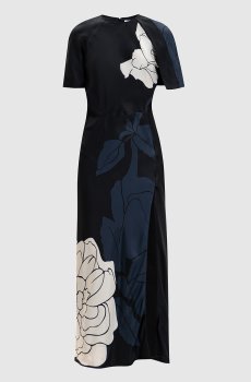 Черное платье миди в цветочный принт