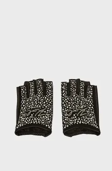 Женские черные кожаные митенки k signature glitter fl gloves Черный L Karl Lagerfeld 245W3606