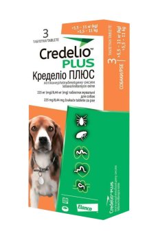 Жевательные таблетки для собак Elanco Credelio Plus от блох, клещей и гельминтов, от 5.5 до 11 кг, 3 шт