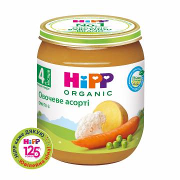 Детское овощное пюре HiPP Овощное ассорти, с 4 месяцев, 125 г Детское овощное пюре HiPP Овощное ассорти, с 4 месяцев, 125 г