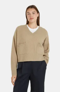 Женский бежевый шерстяной пуловер TH SCRIPT SOFT WOOL V-NK SWT Бежевый L Tommy Hilfiger WW0WW42149