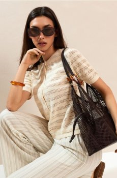 Бавовняний ажурний кардиган з коротким рукавом - нюдовий