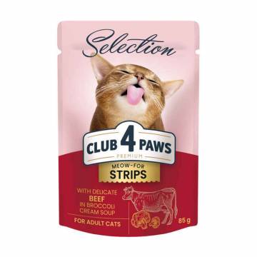 Влажный корм для взрослых кошек Club 4 Paws Meow-For Strips, с говядиной в крем-супе с брокколи, 85 г Влажный корм для взрослых кошек Club 4 Paws Meow-For Strips, с говядиной в крем-супе с брокколи, 85 г