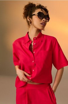 Віскозна сорочка з короткими рукавами з домішкою льону - яскраво-рожевий