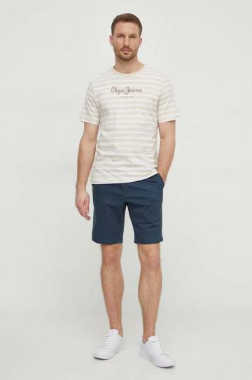 Хлопковая футболка Pepe Jeans STRIPED EGGO мужская цвет бежевый узорный PM509407 Хлопковая футболка Pepe Jeans STRIPED EGGO мужская цвет бежевый узорный PM509407