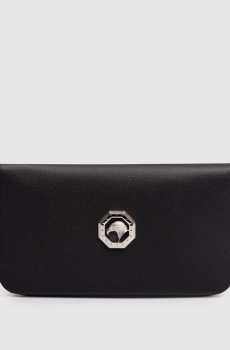 Черный кожаный кошелек с металлической эмблемой