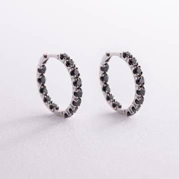 Серебряные серьги - кольца с черными фианитами 087610 Серебряные серьги - кольца с черными фианитами 087610