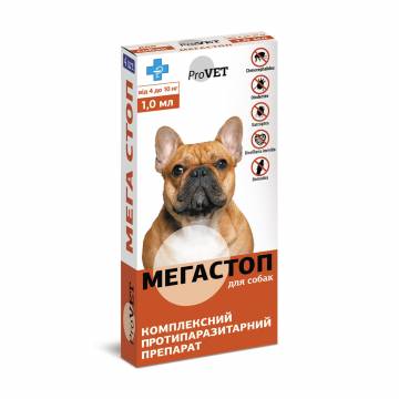 Капли для собак ProVET Мега Стоп против внешних и внутренних паразитов, от 4 до 10 кг, 4*1 мл