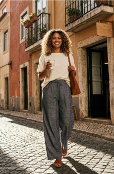 Широкі штани з домішкою льону - індиго