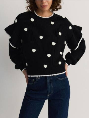 Reserved - Бавовняний светр із сердечками - чорний - WV038-99X Reserved - Бавовняний светр із сердечками - чорний - WV038-99X
