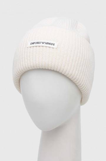 Шерстяная шапка Emporio Armani цвет бежевый из толстого трикотажа шерсть Шерстяная шапка Emporio Armani цвет бежевый из толстого трикотажа шерсть