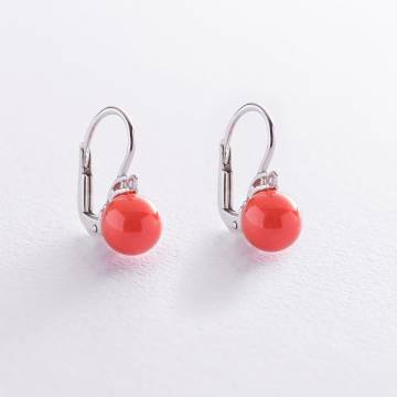 Золотые серьги "Шарики" с кораллом и бриллиантами с303 Золотые серьги "Шарики" с кораллом и бриллиантами с303