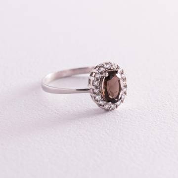 Серебряное помолвочное кольцо (дымчатый кварц и фианиты) 111068 Серебряное помолвочное кольцо (дымчатый кварц и фианиты) 111068