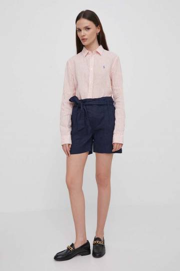 Льняные шорты Lauren Ralph Lauren цвет синий однотонные высокая посадка Льняные шорты Lauren Ralph Lauren цвет синий однотонные высокая посадка