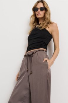 Штани wide leg з декоративною зав’язкою на талії - коричневий