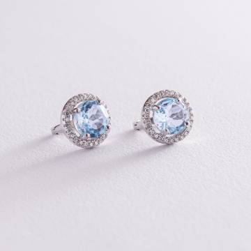 Серебряные серьги с голубыми топазами и фианитами 121351 Серебряные серьги с голубыми топазами и фианитами 121351